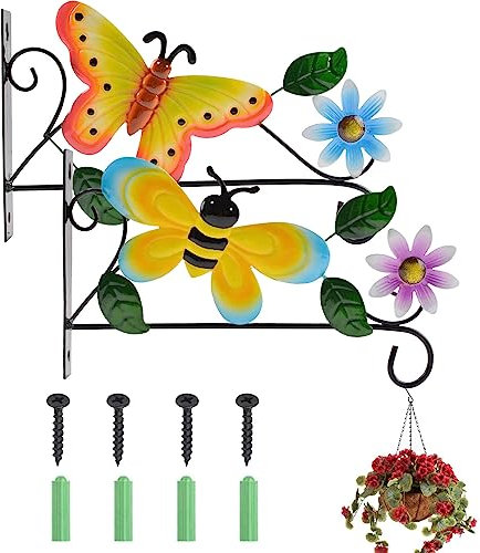 MOROBOR Wall Hanging Plant Bracket, 2Pcs Iron Hook Black Wall Mount Lanterns Racks for Hanging Bird Feeders Lanterns Wind Chimes Plant Pot/Butterfly and Bee