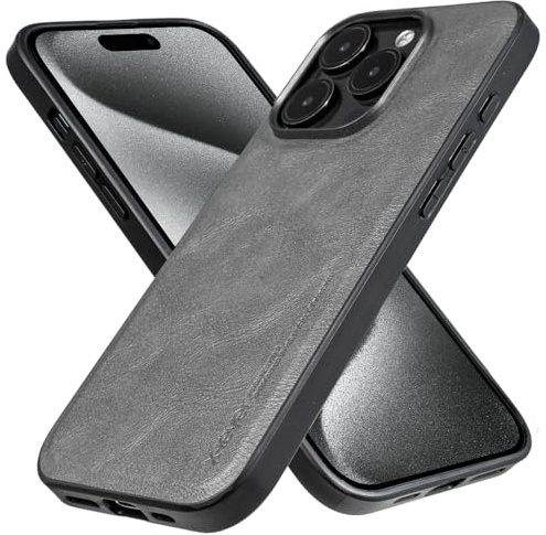 X-level for iPhone 15 Pro Case, PU Leather Back, Grey | Faux Leathercase with Soft Silicone Bumper Anti-Scratch Shockproof Phone Cover