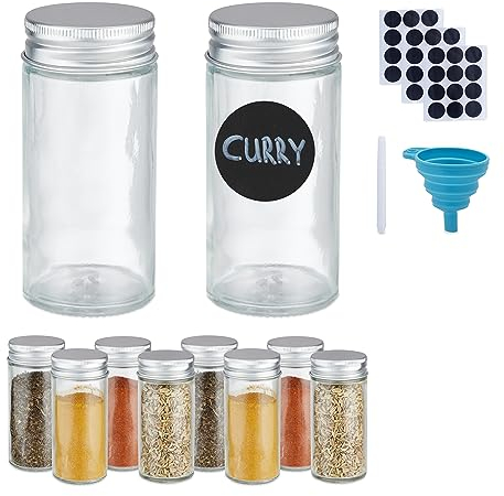Relaxdays Gewürzgläser 10er Set, Streueinsatz, Gewürzdosen Glas, 120 ml, Etiketten, Stift & Trichter, transparent/Silber