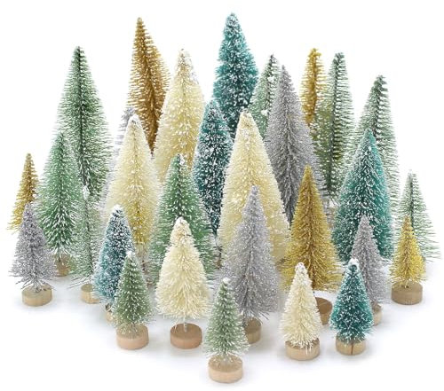 30PCS Bottle Brush Christmas Trees Mini Bottle Brush Trees with Wood Base Tabletop Small Christmas Village Tree, Xmas Holiday Decor