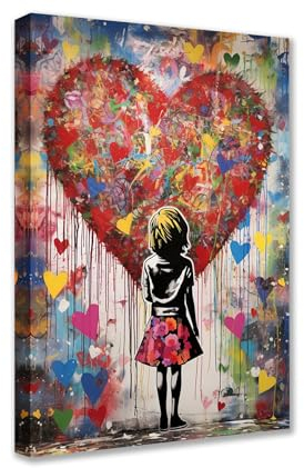 Tucocoo Familien-Wanddekoration, Banksy Street Love Bilder, bunte Graffiti-Gemälde, 1 Stück, Leinwand, kleines Mädchen, Pop-Art, modernes Kunstwerk, Heimdekoration für Wohnzimmer, Holzrahmen, fertig