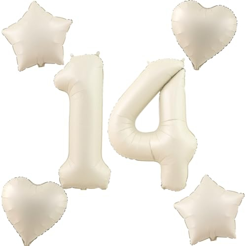 Beige Luftballons Zahl 14+4 pcs herz/stern Folienballon Zahl 14 .Geburtstag mädchen,40 Riesenzahl Ballons 14.geburtstagsdeko Jungen,Zahlenballon 14, Helium Ballons 14 Zahlen Luftballons