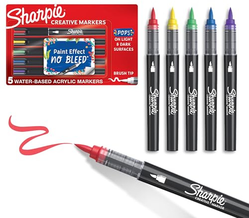 SHARPIE Creative Markers, Water-Based Acrylic Markers, Brush Tip, Assorted Colors, 5 Count