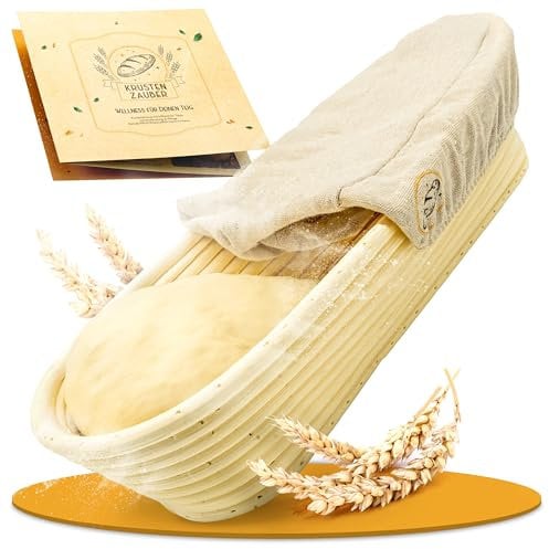 KRUSTENZAUBER Gärkörbchen zum Brotbacken oval 35cm - Ovaler Gärkorb aus Rattan mit Gärtuch - Brot Backen Zubehör, Brotkorb, Brotbackform, Sauerteig Zubehör, Gärfolie Brot, Brotkörbchen