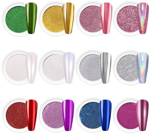 BISHENGYF 12Pcs Chrome Nail Powder - Metallic Mirror Effect Holographic Aurora Iridescent Pearlescent Nail Chrome Powder for Gel Nails DIY Manicure Nail Art Decoration Gift for Women