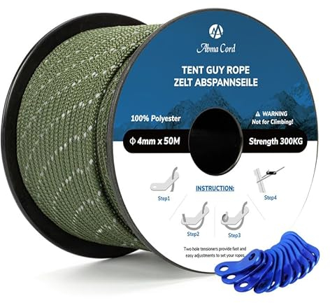 Abma Cord Abspannseile Zeltschnur mit 10 Stück Seilspanner 4mm 50M Zeltseil für Camping, Zelte, Sonnensegel, Vorzelt - Reflektierende Armee Grün
