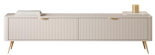 Mirjan24 TV Schrank Literpo 200, geriffelte Fronten, Metallfüße, Aluminiumgriffe, 2 Klappen/Türen, Fernsehschrank, Fernsehtisch, TV Lowboard, Unterschrank, TV Board, TV Tisch (Beige)