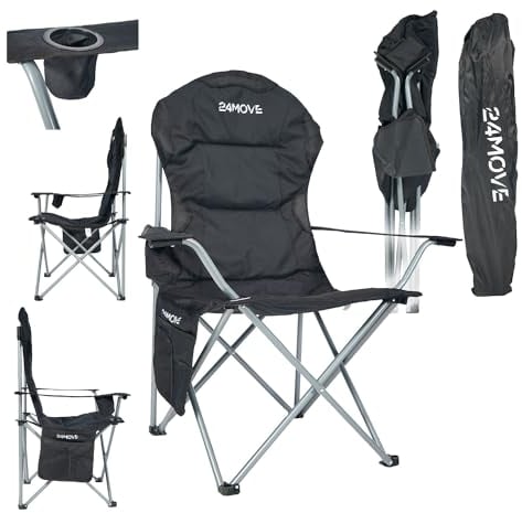 24MOVE® Campingstuhl faltbar bis 150 kg, Faltstuhl Angelstuhl Klappstuhl Gepolstert mit Armlehnen, Getränkehalter + Tasche mit hoher Rückenlehne, Strandstuhl, Klapphocker, schwarz
