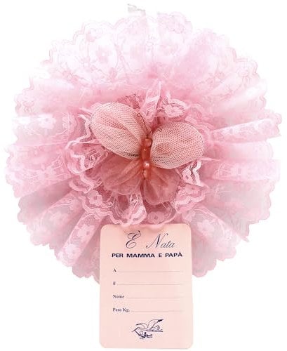 Coccarda Nascita - 25 x 25cm - Fiocco Nascita per Bambino e Bambina - Coccarda con Decorazioni in Tulle e Raso, con Cartolina e Pratico Gancio (25cm-B)