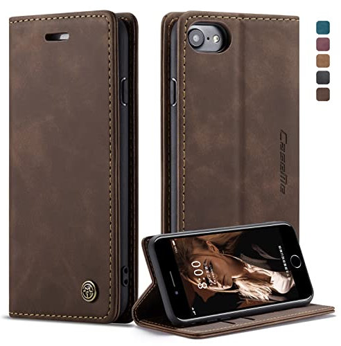 owlhold Handyhülle für iPhone SE 2022/SE 2020/iPhone 8/7 Hülle, Premium Lederhülle Weiches Vintage-Nubukleder Faltbare Ständer Klapphülle Kartenfach Standfunktion stoßfest Schutzhülle -Kaffee