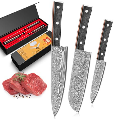BILLION DUO Damascus Knife Set 3PCS, Chef Knife Set 67 Layer Damascus Steel, 12.3-20.5 cm Sharp Blade, Kitchen Knives Sets with Ergonomic Handle for Home Kitchen & Restaurant