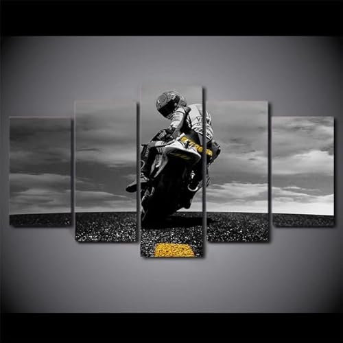 CHTEMKSJ 5 Teilige Leinwandbilder 5 Teiliges Wandbild Motorrad auf der Straße Schwarz und Weiß Kunstdruck Auf Leinwand Leinwandbilder Wohnzimmer Schlafzimmer Wandbilder Wohnzimmer Modern