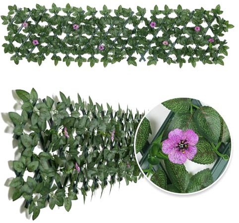 Clôture de jardin extensible avec fleur - Brise-vue - Imitation lierre - Balcon - 200 x 30 cm (fleur violet)
