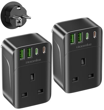 2 Pack UK to EU Plug Adapter, 5 in 1 UK to EU Euro Europe Adaptor with PD 35W USB C Fast Travel Plug for Spain Turkey France Germany Iceland Poland Greece Russia (Type E/F)