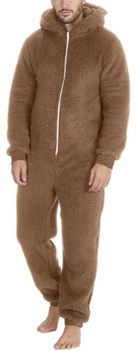 Beokeuioe Herren Damen Plüsch Schlafoveralls Fleece Pyjama Einteilig Winter Loungewear Langarm Kapuzen Nachtwäsche Unisex Onesie mit Taschen Reißverschluss Hausanzug Freizeit