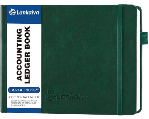 Libro contabile in pelle per piccole imprese, 25,4 x 17,8 cm | Taccuino con 2 tasche portaoggetti, diario personale a colonna, verde pino