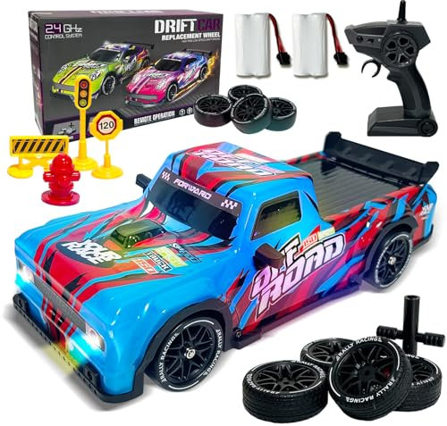 BARVERE Ferngesteuertes Auto, Drift Rc Auto mit 2 Akku, Driftfunktion & LED-Leuchten, Hobby Driftauto mit Regenreifen und Trockenreifen für Rennen & Offroad-Abenteuer, RC Car für Erwachsene & Kinder