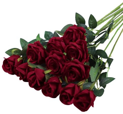 Künstliche Rosen 12 Stücke Kunstblumen Seidenblumen Rosen 51*7cm Künstliche Blumen Rosen Künstliche Blumen Realistische Einzelstielblumen für Hochzeitsfeier,Valentinstag,Zuhause Dekoration(weinrot)