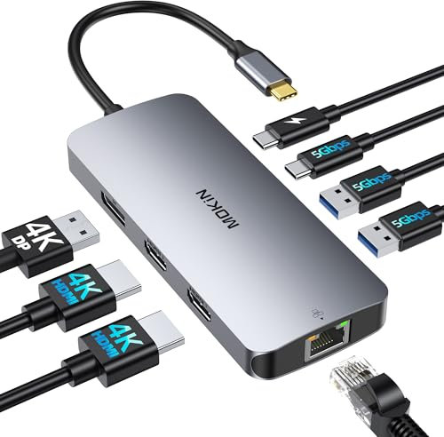 Station d'accueil USB C Dual HDMI, MOKiN 8 en 1 Docking Station pour 3 Moniteurs 4K, Dock USB C avec 2 HDMI et 1 Displayport, 1 Gbps Ethernet, Chargement 100W PD, 3 USB 3.0 Ports pour Dell, HP, Lenovo