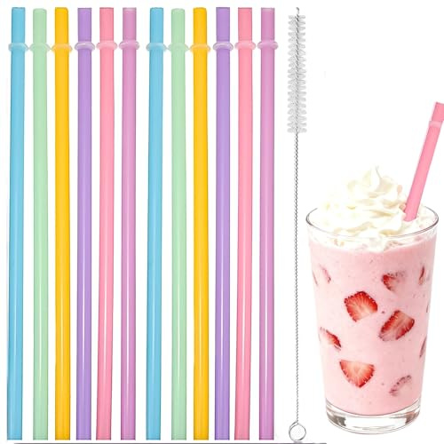 Lot de 12 pailles rigides réutilisables avec brosses de nettoyage, pailles en plastique colorées, 23 cm, couleurs arc-en-ciel, pailles de rechange, pour smoothies, jus, cocktails, boissons chaudes