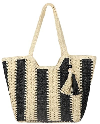 Beskie Straw Bag for Women,Tote Large Beach, Summer Shoulder Bags with Zip, Lightweight Straw Beach Tote Bag Summer Boho Travel Shoulder Bag Handbags for Pool Beach Vacation Holiday Overnight Party