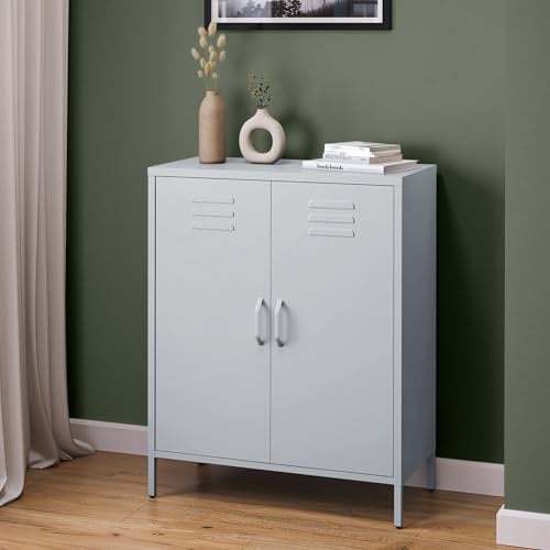 skølm Kommode Atria hellgrau, Sideboard für Wohnzimmer, Metall Kommode mit Doppeltür, Metallschrank, Mehrzweckschrank Größe 100x80x38 cm