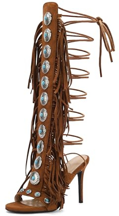 FancyQueen Gladiator Heels Knee High Heels for Women Open Toe Stiletto Suede Fringe Boots Lace up Strappy Peep Toe High Sandal