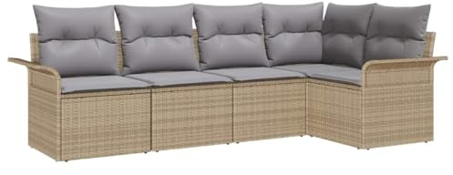 vidaXL 5-teiliges Gartensofa-Set mit Kissen in Beige und Grau aus Poly Rattan für den Außenbereich – wetterfestes Lounge-Set