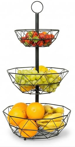 HOMELYN Etagere 3-stöckig I Obst-Etagere mit 3 Etagen I Vielseitige Nutzung als Brotkorb, Obstkorb, Snackbar, am Buffett, Obstschale I Modernes Design in schwarz, extra platzsparend & stabil