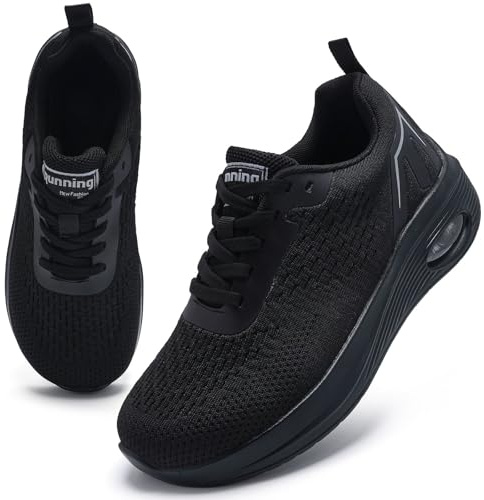 Wide Fit Trainers for Women Arch Support Comfortable Lightweight Wide Toe Box Orthopedic Shoes for Women Memory Foam Breathable Mesh Air Cushion Running Shoes Lace Up Walking Trainers All Black UK 8