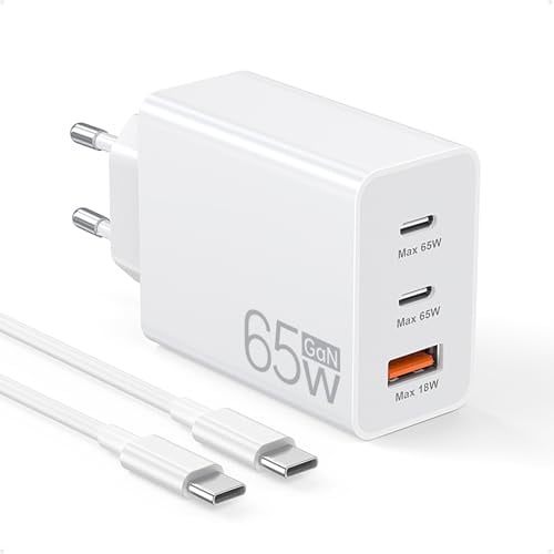 ANYKON USB C Ladegerät 65W, 3-Ports GaN Schnellladegerät mit Ladekabel 2M, PPS und PD Kompaktes Netzteil für MacBook Pro/Air, iPhone 17/16/15 Series, Switch, Galaxy S25/S24 Ultra, Pixel