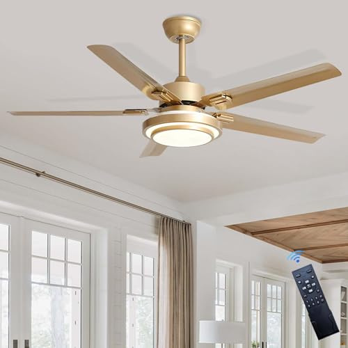 LASANYA Lampadario Con Ventilatore Da Soffitto, 5 Pale A Doppia Finitura，Motore DC Reversibile ，per Camera Da Letto Soggiorno Studio-Oro||42 pollici
