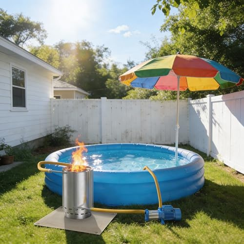 UISEBRT Poolheizung mit Feuer – Holzbeheizter Poolofen aus Edelstahl, mit Heizspirale, Ascheschale & Kaminmatte, für Schwimmbäder, 32/38 mm Anschlüsse