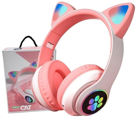 YUSONIC Kabellose Katzenohren Kopfhörer, Bluetooth Over-Ear Kinderkopfhörer mit LED RGB Beleuchtung, Katzenohren, Mikrofon. (Weiß)