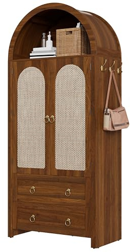 DHWDS Commode avec arche en rotin et 2 tiroirs, armoire de rangement vintage pour salon et chambre à coucher, étagères réglables en hauteur, 80 x 40 x 180 cm, noyer
