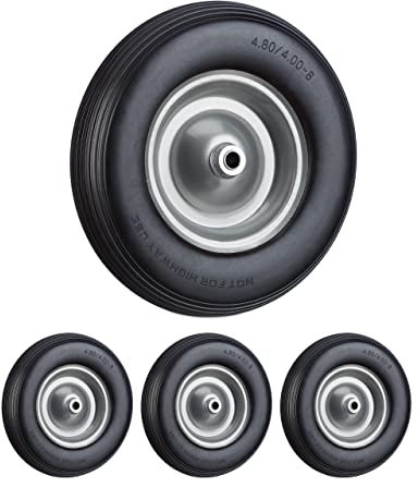 4X Ruota per Carriola Gomma Piena con ASSE 4.80 4.00-8 di Ricambio, Carico Max 100 kg, Antipanne, Grigio Nero