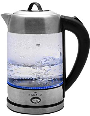 Karaca Wasserkocher Glas 1.7 Liter, Led-Beleuchtung Inox, Edelstahl Kettle, BPA Frei, 2200 Watt, 10/15 Tassen, Warmhaltefunktion, Kräutertee, Teemaschine