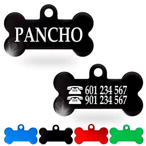 Ibera Gifts - Chapa Perro Grabada en Forma de Hueso para Perros y Gatos Pequeños a Medianos, Placa Perro Personalizada, Aluminio Brillante, Tamaño 30 x 15 mm (Negro)