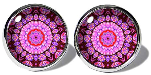 Mandala Pink-Rosa Ohrstecker ABOUKI Damen Mädchen Kinder Edelstahl Ohrschmuck Motiv Paisleymuster Boho Hippie Ethno handgefertigte Ohrringe silber-farben