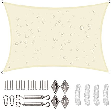 Voile d'ombrage étanche avec kit de fixation, 3 x 5 m, protection UV, protection solaire, voile pour jardin, balcon et terrasse