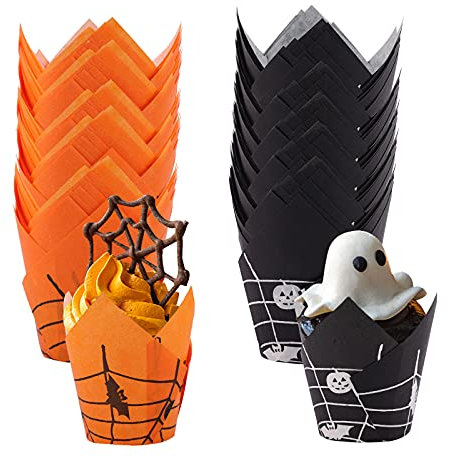 100 Stück Halloween Cupcake-Dekoration Wrapper Cupcake Förmchen Papierkuchen Tassen Spinnennetz Geist Fledermaus Liner Cupcake Wrappers für Halloween Party Backen Dekoration