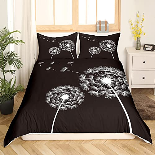 Loussiesd Löwenzahn Bettwäsche Set 135x200cm Botanischer Blumendruck Bettwäsche Schwarz Weiß für Kinder Jungen Mädchen Teens Musikalisches Muster Bettbezug Atmungsaktive Tagesdecke Bettbezug