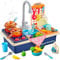 Play Kitchen Sink Toys with Upgraded Real Faucet, Play Cooking Stove, Cookware Pot and Pan,Play Food,Dishes Accessories Pretend Plays Wash-up Sets with Running Water for Boys Girls Toddlers(Blue)