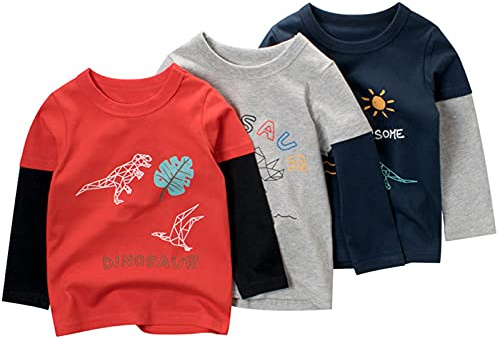 amropi Baby Boys Striped T-Shirt 3 Pack Long Sleeve Cotton Top Crew Neck Tee Shirts Red Grey Black, 3-4 Years