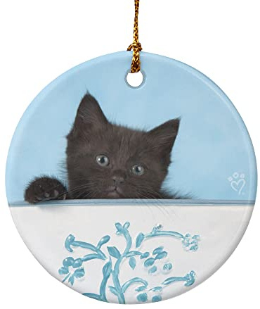 Black Kitten Cat in Bucket Tin Pail Porcelain Holiday, 2.8 (7.1 cm)