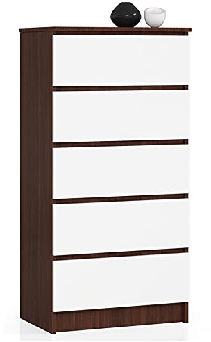 AKORD Kommode K60 mit 5 Schubladen | für das Wohnzimmer Schlafzimmer Schrank Büro Arbeitszimmer | Modernes Funktionales Design | B60 x H121 x T40 cm, Gewicht 39kg | Wenge/Weiß