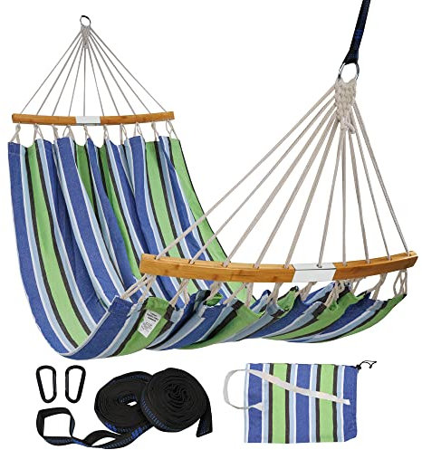 Lxoohy Portable Patio Double Hammock with Travel Bag, 2 Person Outdoor Hammock with Foldable and Curved Spreader Bar, D Rings and Tree Straps for Camping, Picnic, Backyard, Green Blue