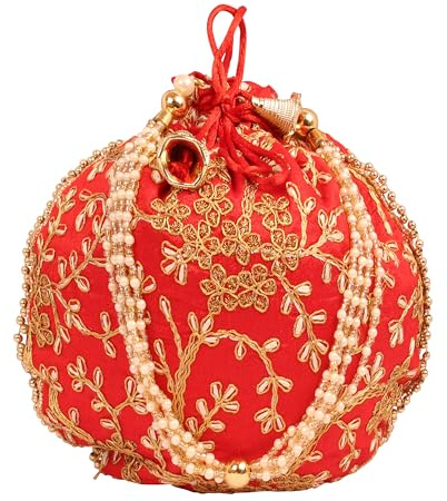 Touchstone Sac fantaisie indien traditionnel brodé à la main avec motif floral - Cadeau de mariage - Perles synthétiques - Cordon de serrage - Pour femme.