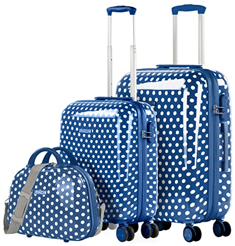 ITACA - Kinderkoffer Mädchen - Kinder Kofferset. Kinderkoffer mit Rollen - 4 Rädrig Reisekoffer Kinder. Langlebiger Kinder Trolley. Reisekoffer für Kinder, Blaue Punkte