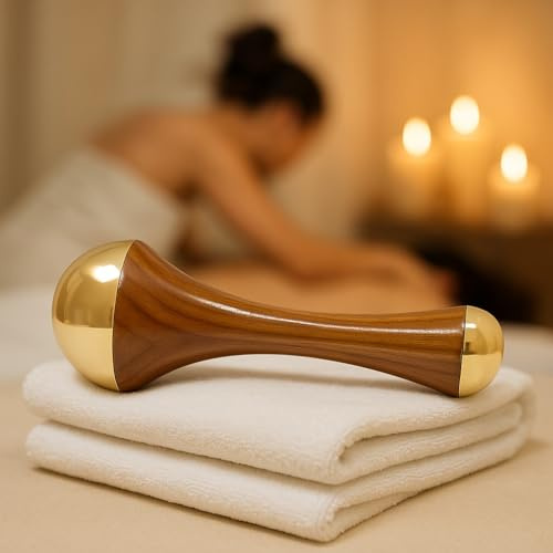 Spanzo Creation Natürliches ayurvedisches 2-in-1-Kansa-Gesichtsmassagegerät zur Entgiftung und Tiefenentspannung, Massagewerkzeug aus Teakholz, Griff 9